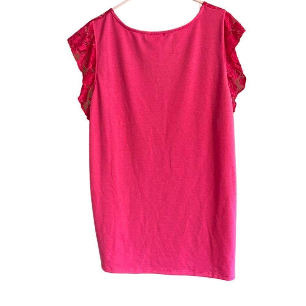Women's BiBi XL Hot Pink Lace Sleeve Blouse Round Neck Keyhole  Loose Fit - Picture 3 of 4